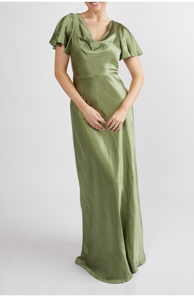 Six Stories Flutter Sleeve Satin Bridesmaid Dress, Alternate, color, Moss Green