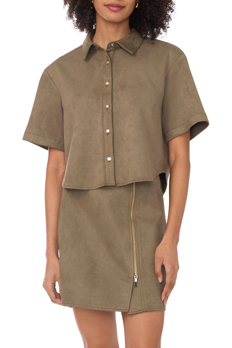 Faux Suede Short Sleeve Button-Up Shirt, Main, color, OLIVE