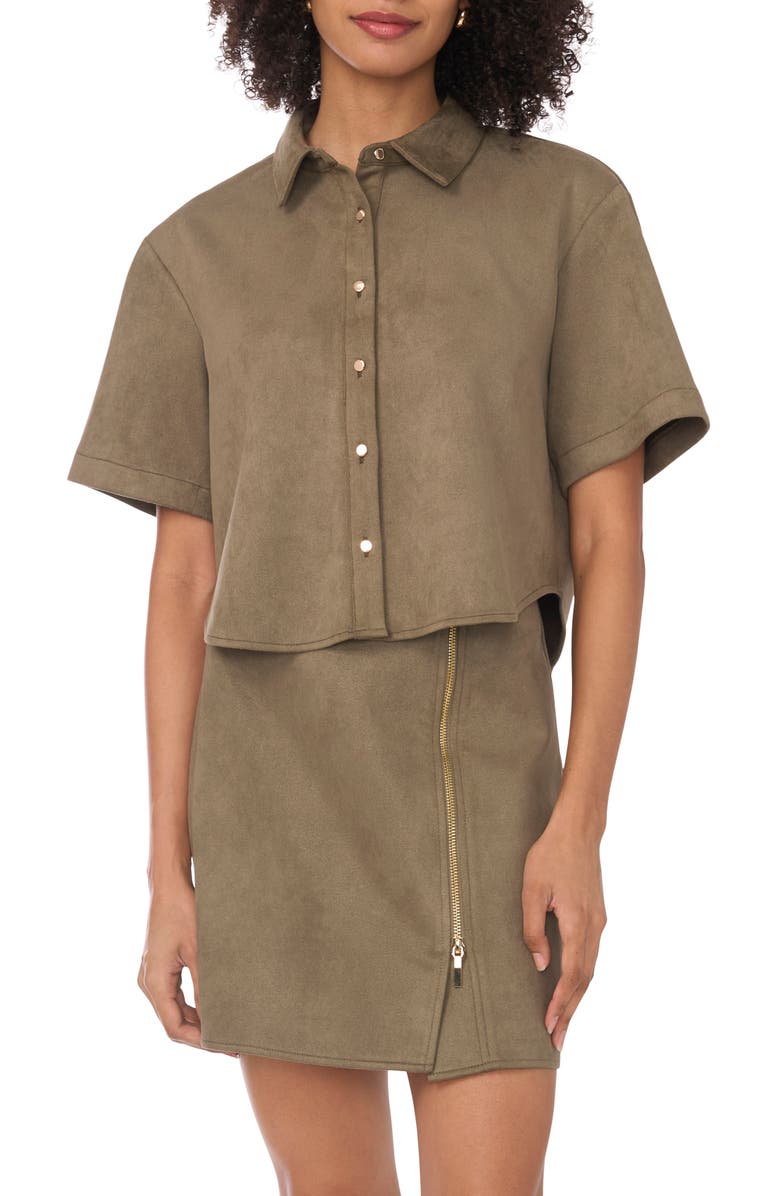 Parker Faux Suede Short Sleeve Button-Up Shirt, Main, color, Olive
