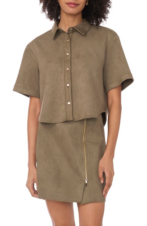 Faux Suede Short Sleeve Button-Up Shirt