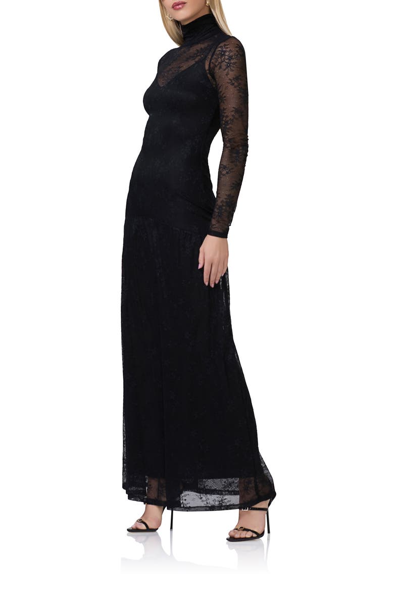Billie Long Sleeve Sheer Lace Maxi Dress, Alternate, color, NOIR