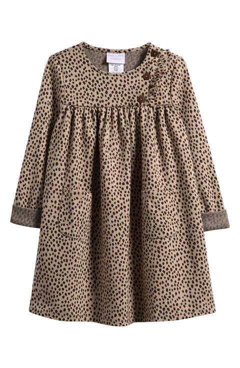 Ruffle Button Yoke Long Sleeve Dress (Toddler)