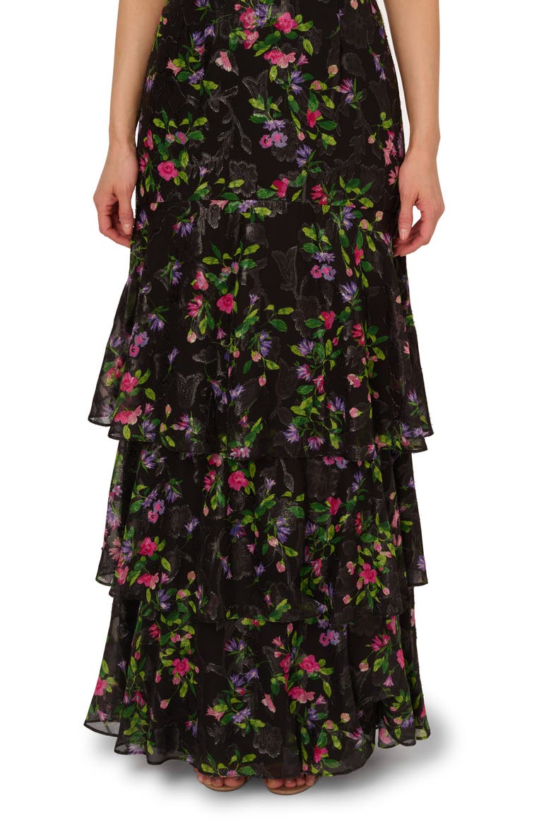 Tiered Floral Print Lace-Up Chiffon Gown, Alternate, color, BLACK MULTI