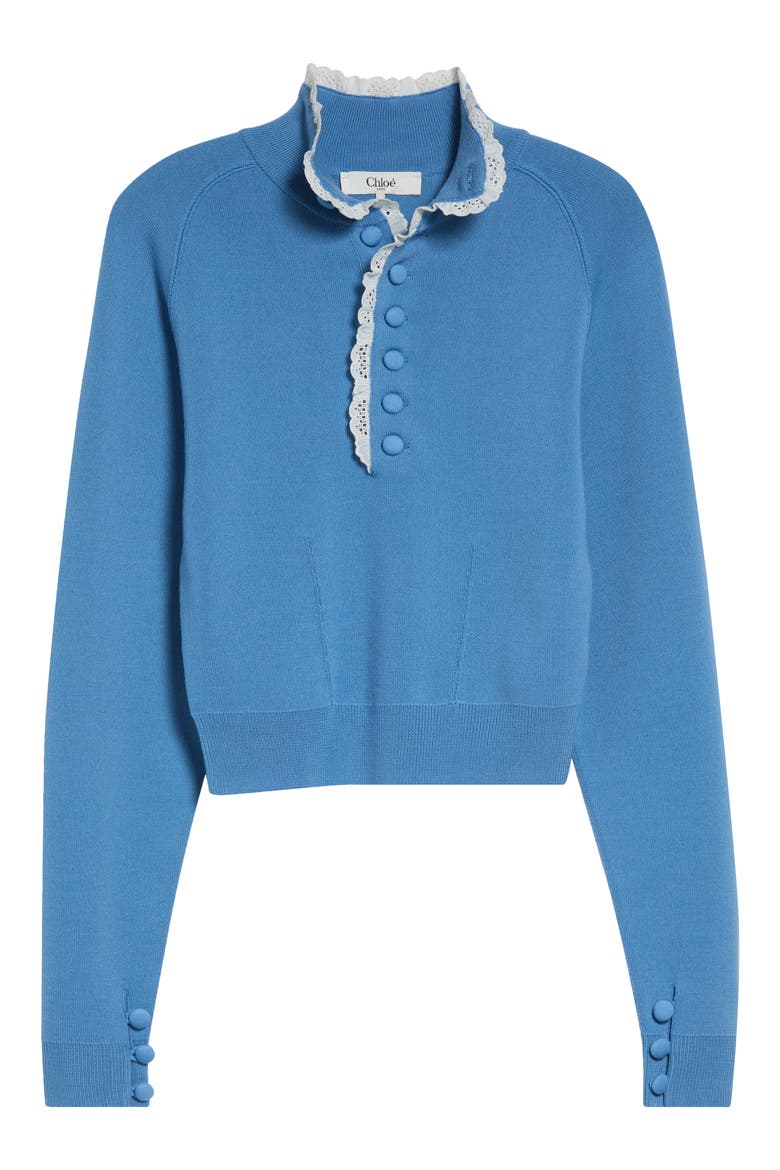 Lace Trim Half Placket Wool Sweater, Alternate, color, DREAM BLUE