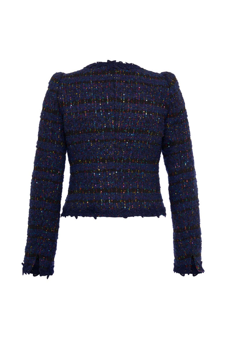Sequins Tweed Jacket With Macrame Trimming, Alternate, color, Blue