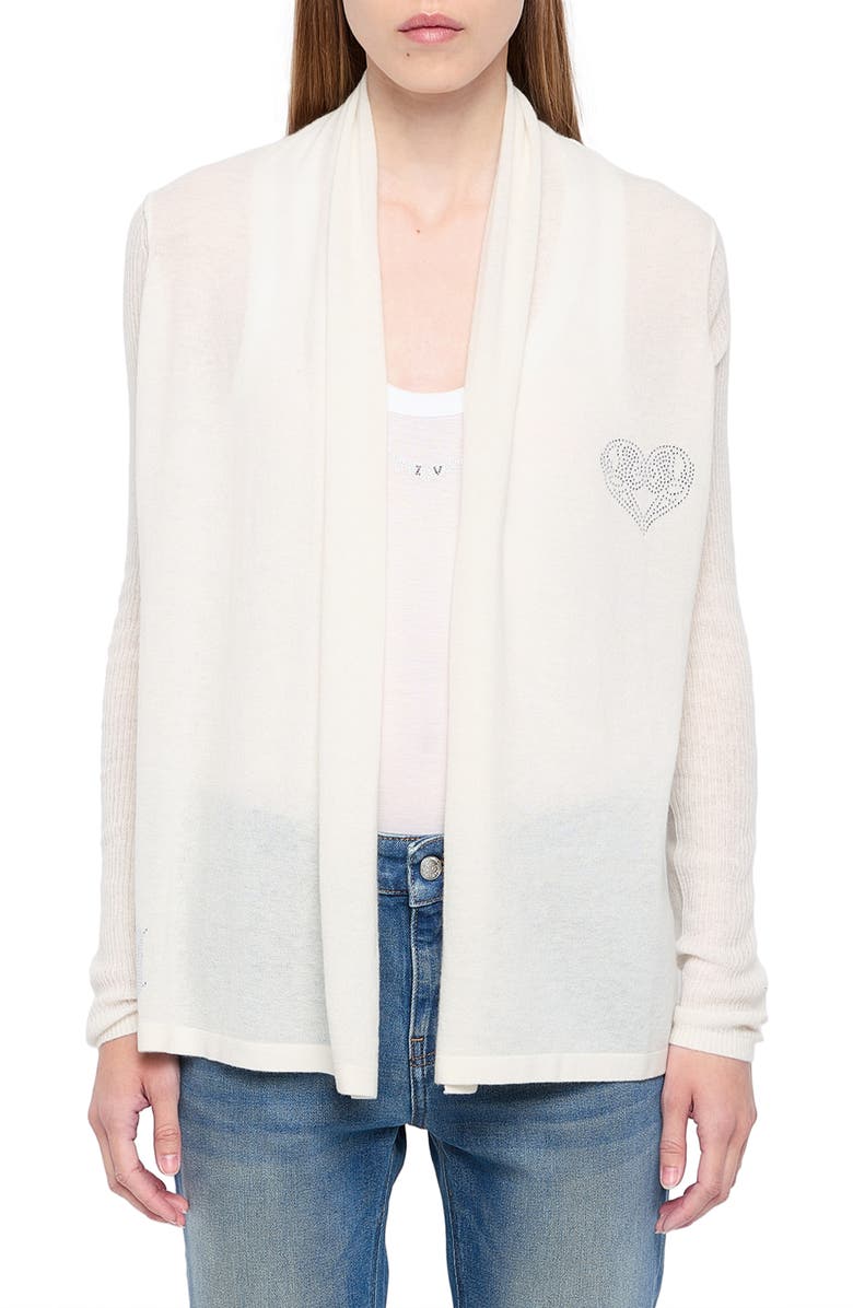 Zadig & Voltaire Robyn Beaded Heart Detail Tissue Weight Cashmere Cardigan, Main, color, Vanille