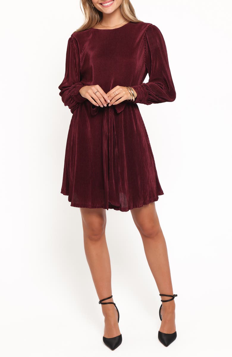 Petal & Pup Joy Long Sleeve Plissé Minidress, Main, color, Burgundy