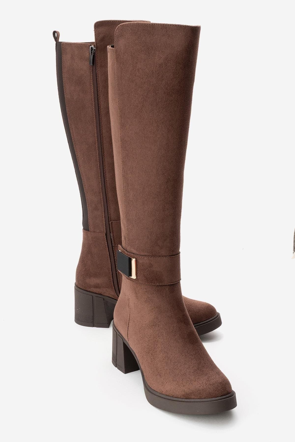 Moreni Stretch Buckle Block Heel Knee High Boot, Main, color, Brown Suede Faux Leather