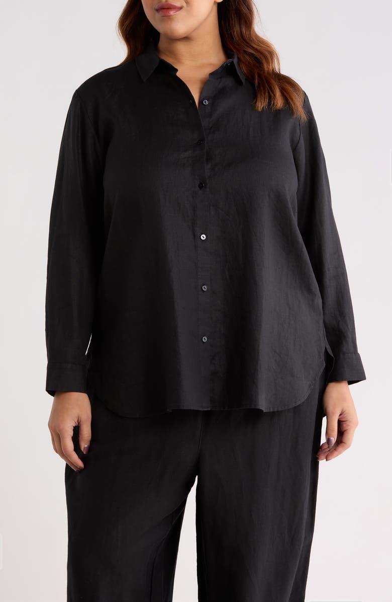 Eileen Fisher Classic Collar Organic Linen Long Button-Up Shirt, Main, color, Black