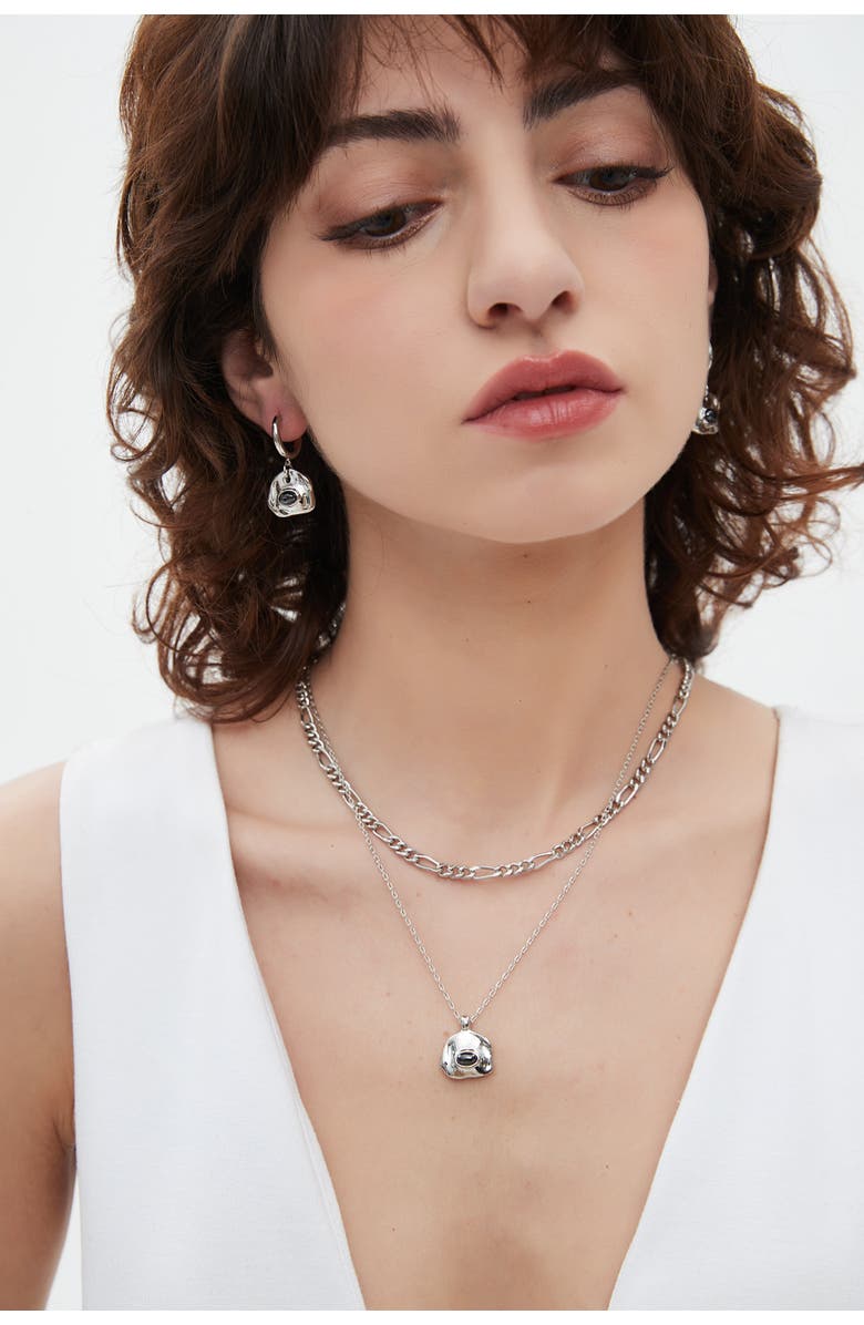 Classicharms Aria Gemstone Pendant Necklace and Figaro Chain Layering Set, Alternate, color, Silver/Noir Black