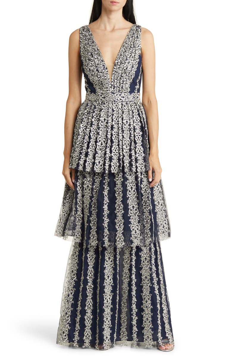 Marchesa Notte Metallic Embroidery Tiered Gown, Main, color,