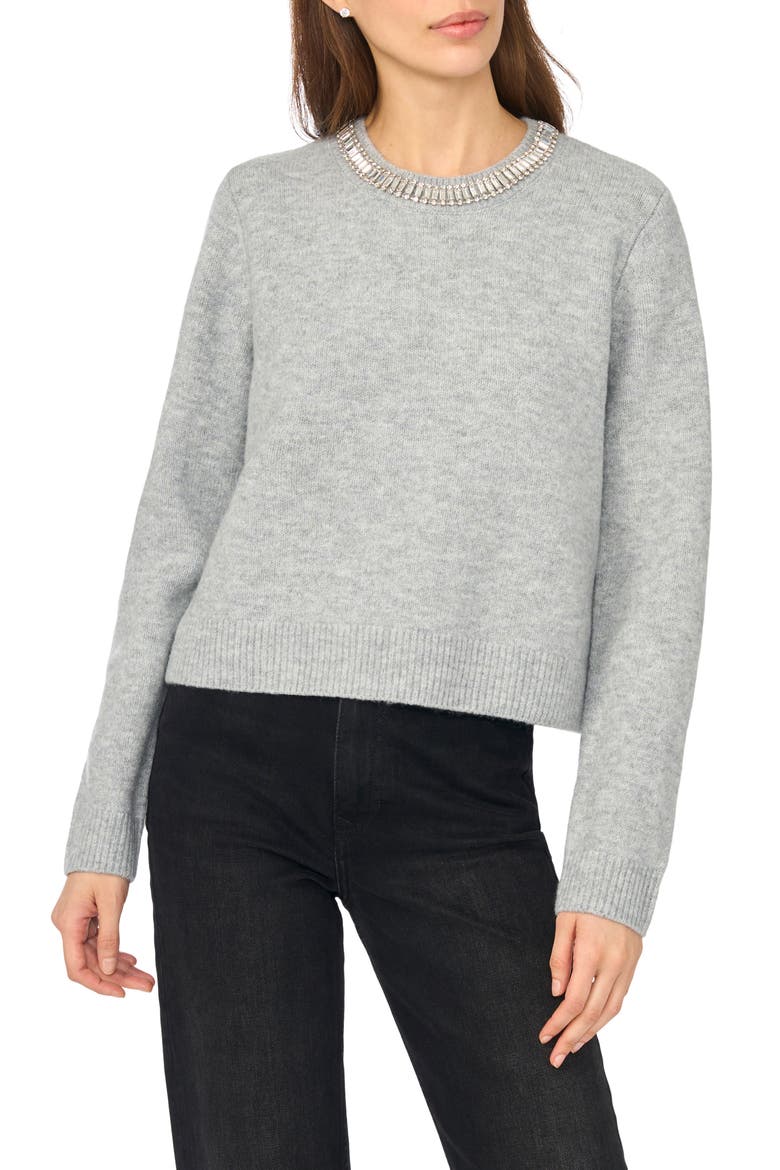 Rhinestone Neckline Sweater, Main, color, LIGHT HEATHER GREY