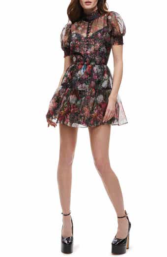 Alice + Olivia Vernita Floral Print Puff Sleeve Silk Minidress