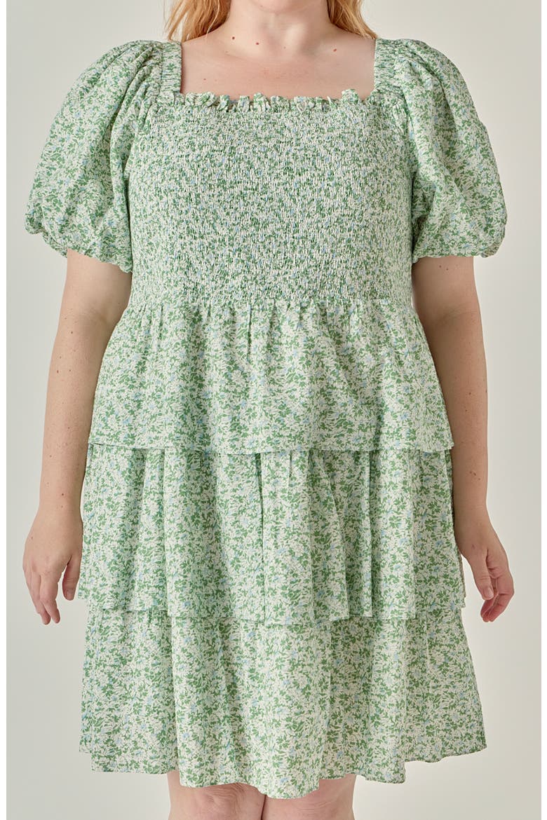 Crinkled Floral Smocked Dress, Alternate, color, GREEN