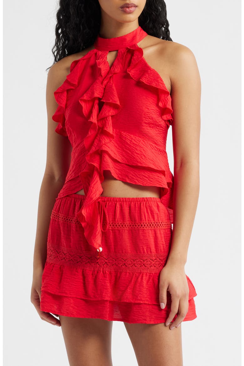Ruffle Trim Halter Top, Main, color, POPPY RED