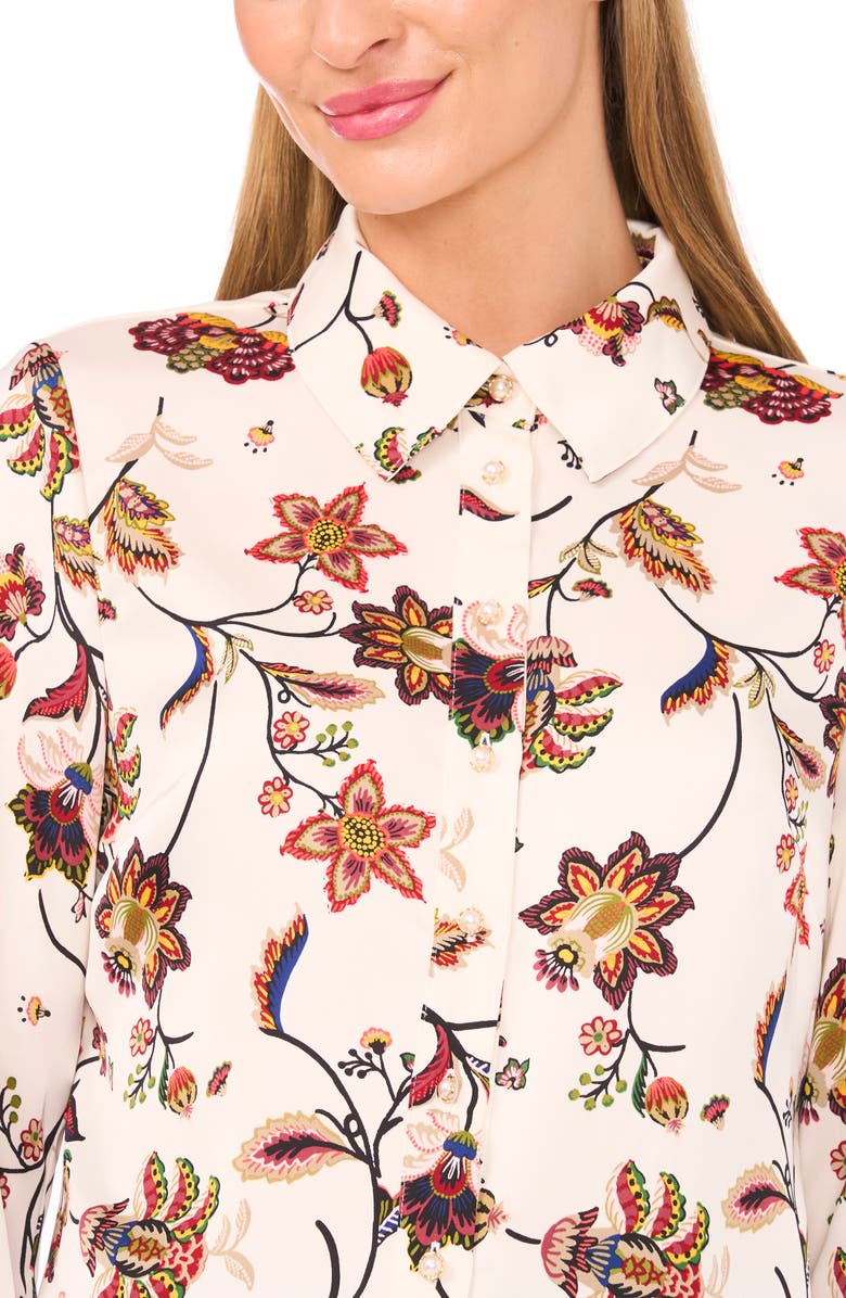 CeCe Floral Border Print Satin Button-Up Shirt, Alternate, color, Buttercream