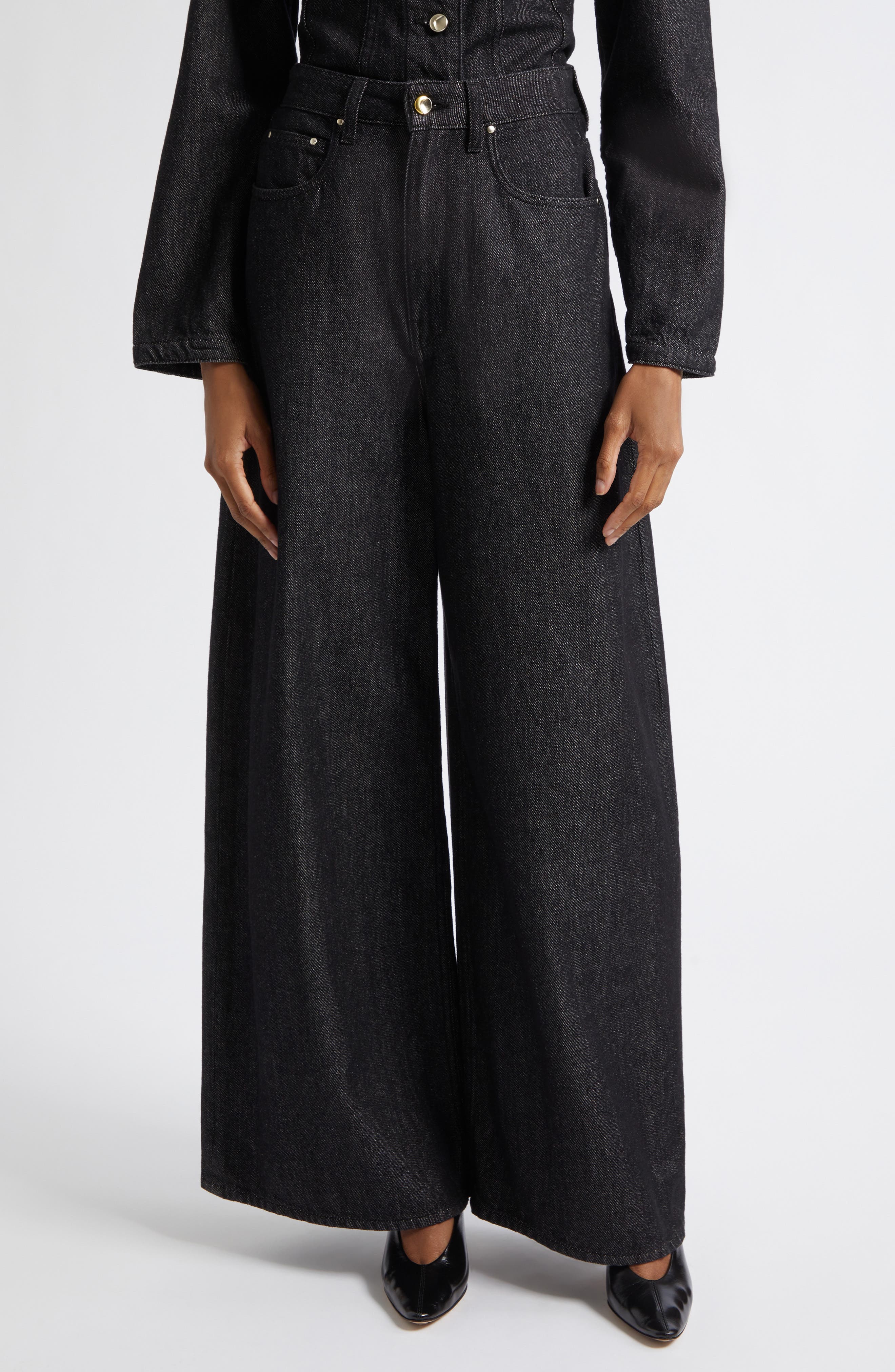 Ossou Slick High Waist Wide Leg Jeans In Black