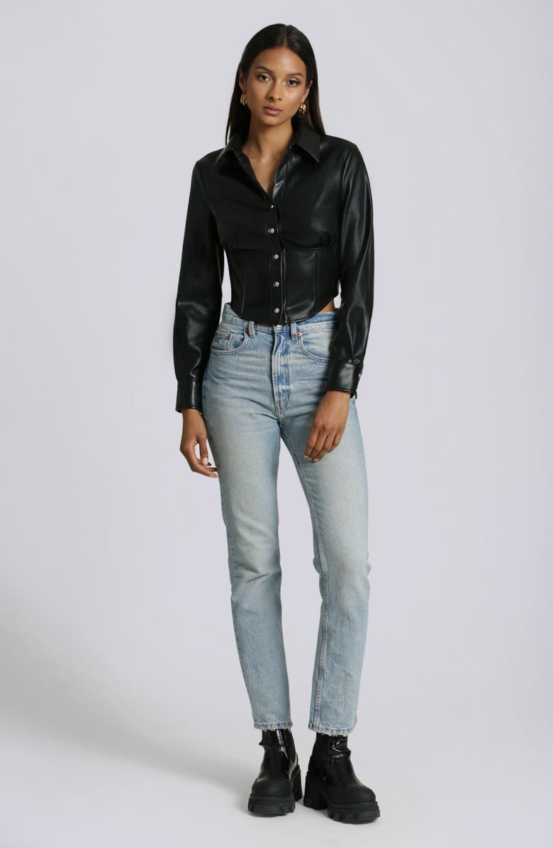 Avec Les Filles Faux-Ever Leather<sup>™</sup> Long Sleeve Cropped Corset Shirt, Alternate, color,
