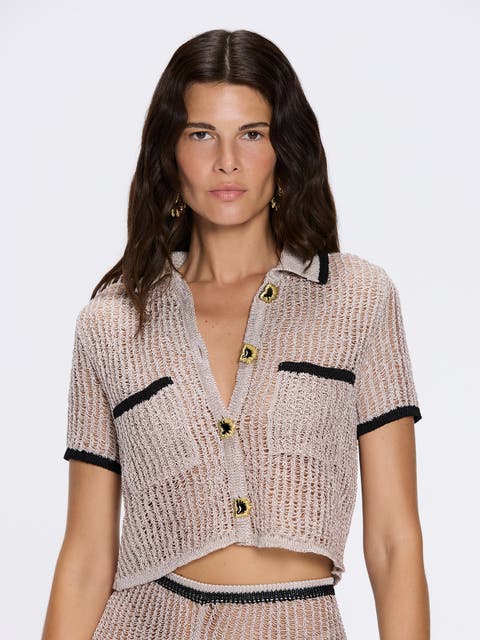Ramatuelle Knitted Shirt-Style Gold Buttoned Crop Top