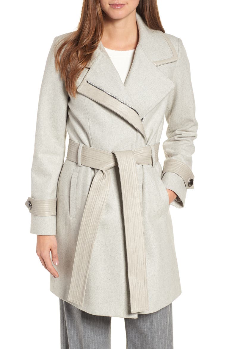 Badgley Mischka Faux Leather Trim Wool Blend Coat, Main, color, FLINT