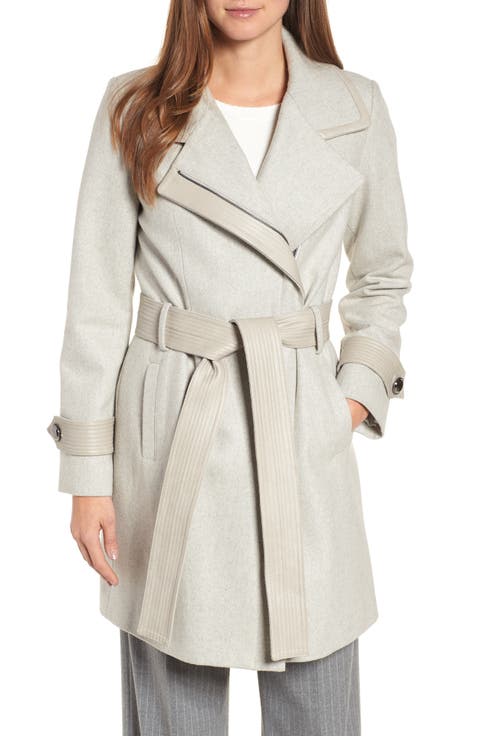 Badgley Mischka Faux Leather Trim Wool Blend Coat