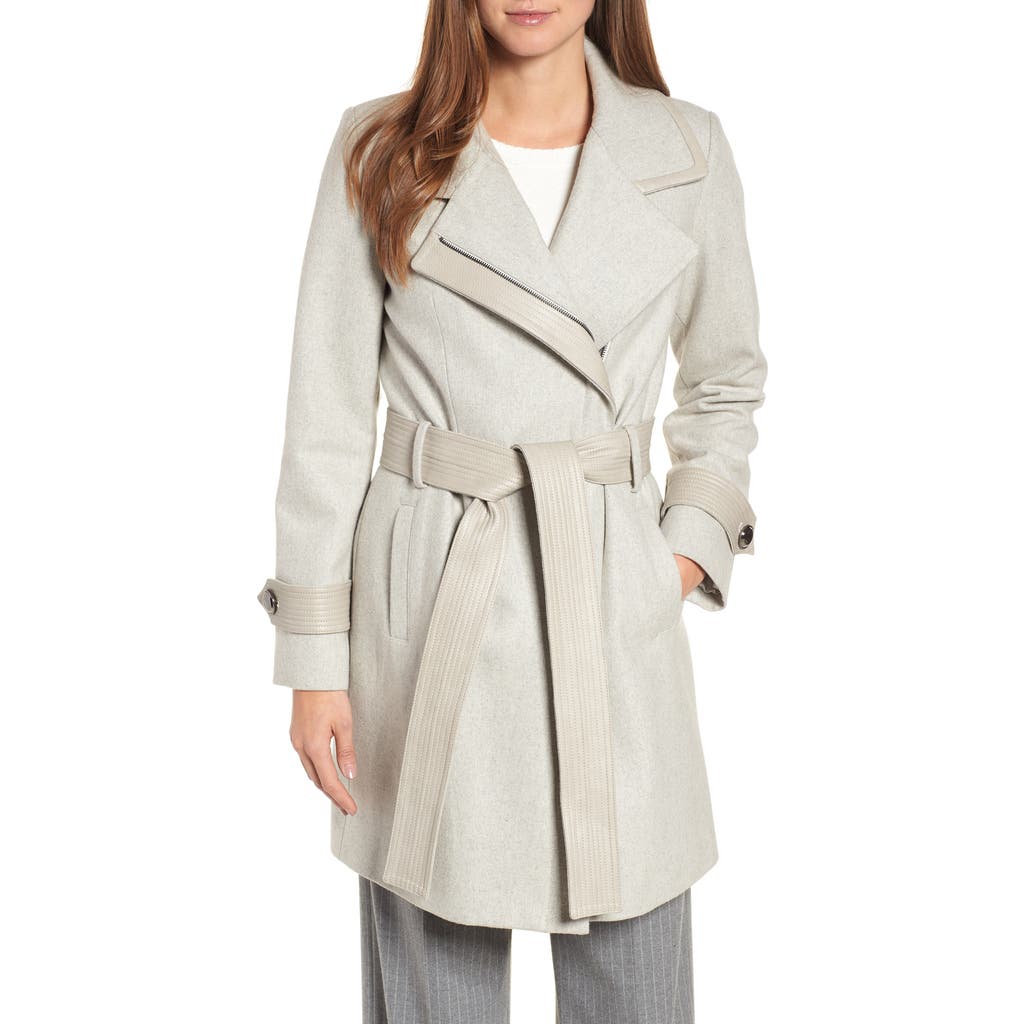 Badgley Mischka Collection Faux Leather Trim Wool Blend Coat In Gray
