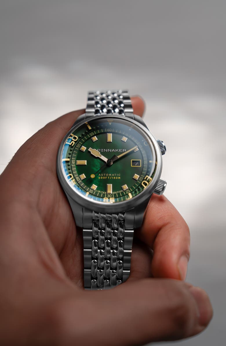 SPINNAKER The Bradner Pearl Diver Emerald Tide Automatic Bracelet Watch, 42mm, Alternate, color, Green