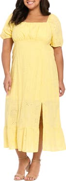 London Times Square Neck Smocked Eyelet Midi Dress