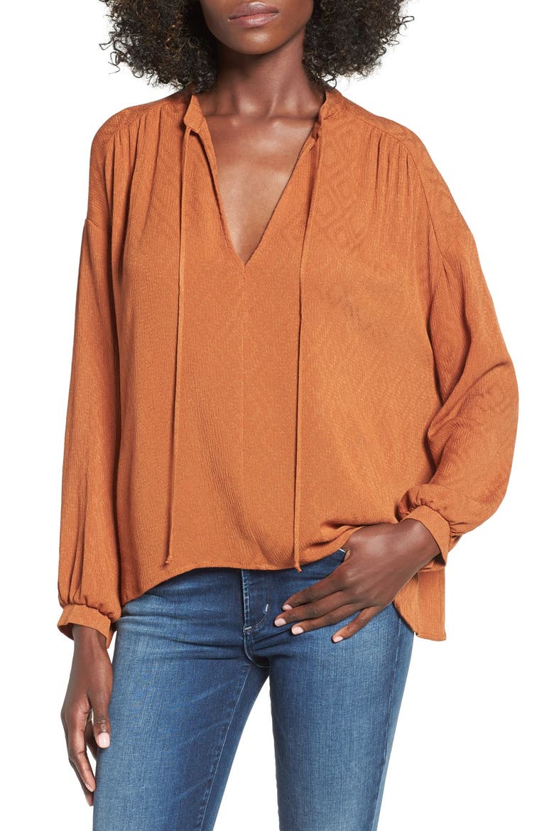Tie Neck Jacquard Blouse, Main, color, MOCHA BISQUE