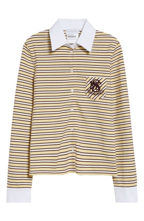 Embroidered Crest Fancy Stripe Long Sleeve Button-Up Polo