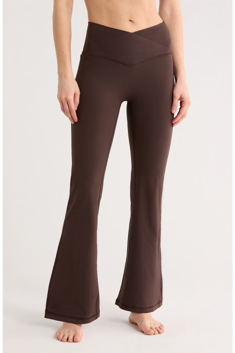 Lux Sophia Crossover Elastic Flare Leggings, Main, color, CHOCOLATE TORTE