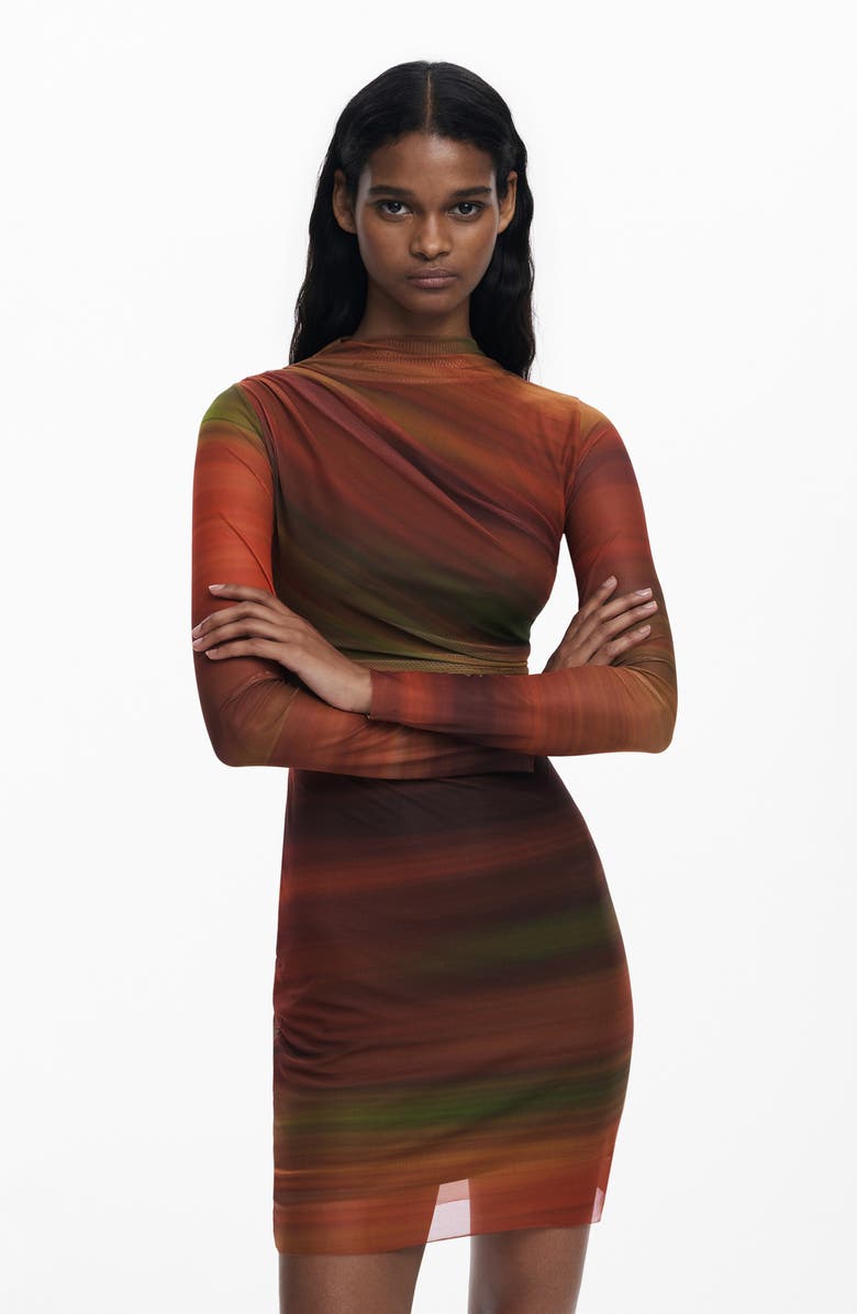 Desigual Ruched Long Sleeve Mesh Minidress, Alternate, color, Dark Orange