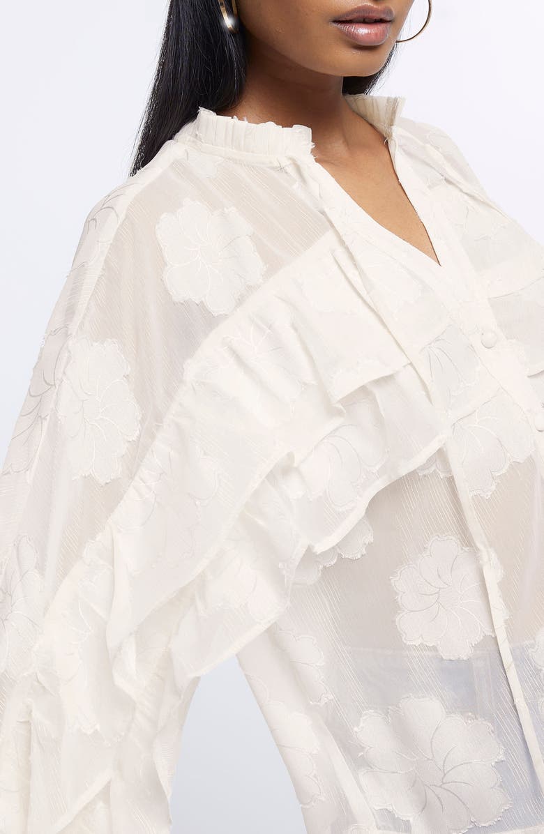 River Island Floral Ruffle Long Sleeve Jacquard Plissé Blouse, Alternate, color,