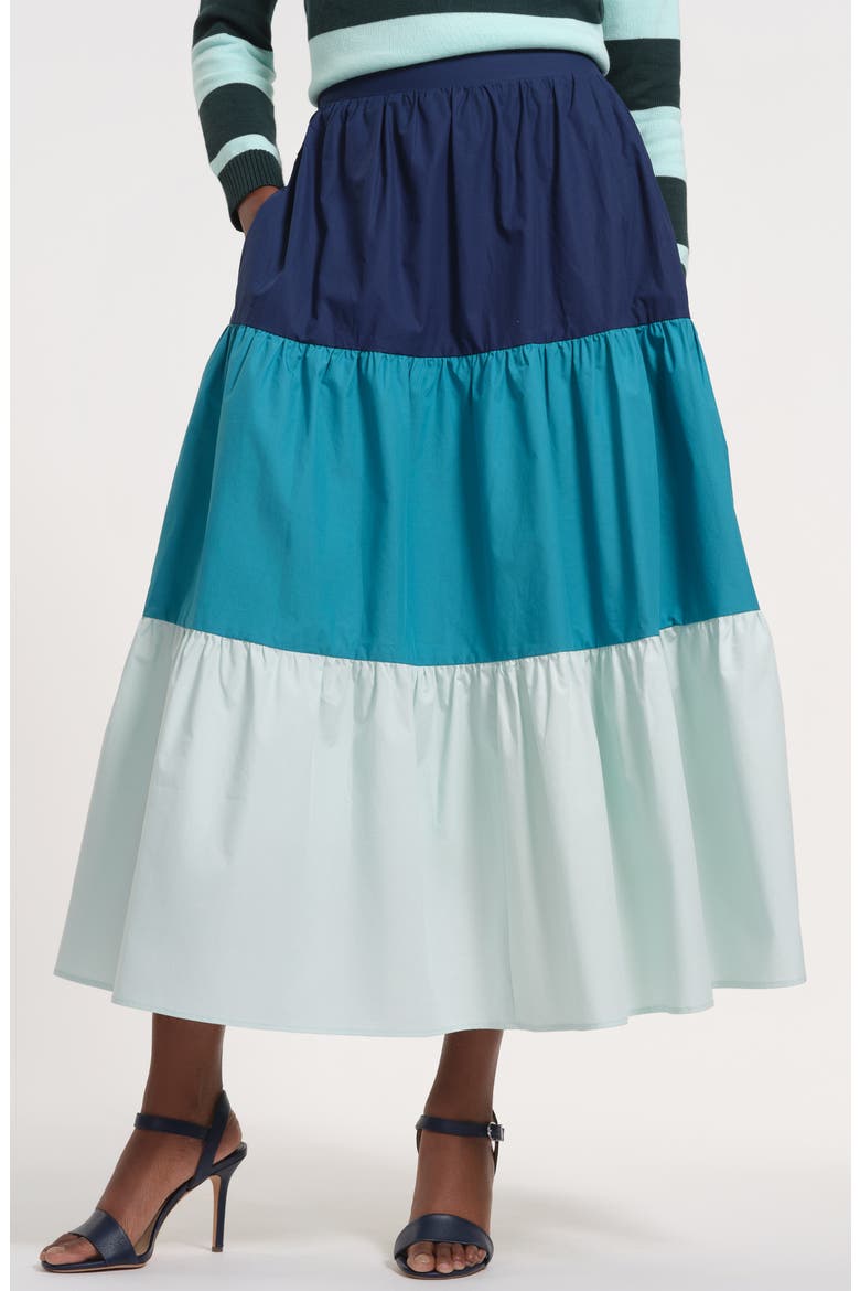 Tiered Stripe Cotton Midi Skirt, Main, color, TEAL MULTI