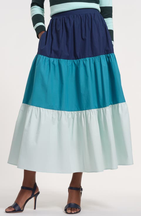Tiered Stripe Cotton Midi Skirt