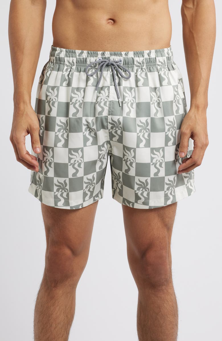 Boardies Clara Palm Tree Checkerboard Print Mid Length Swim Trunks, Main, color, Olive/ Cream