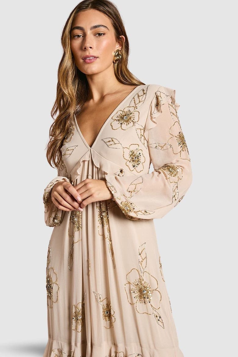 V-Neck Embellished Tiered Midi Dress, Alternate, color, Ivory