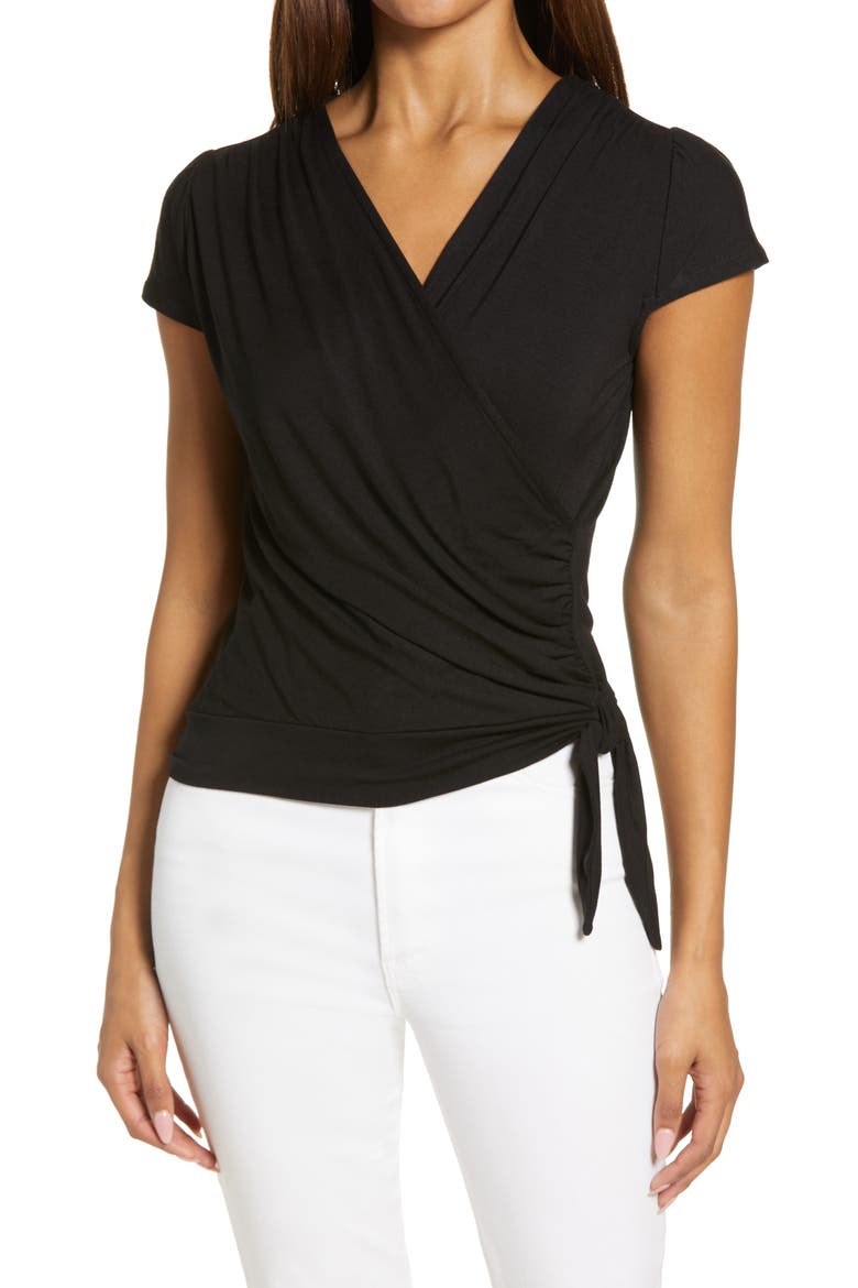 Faux Wrap Top, Main, color, BLACK