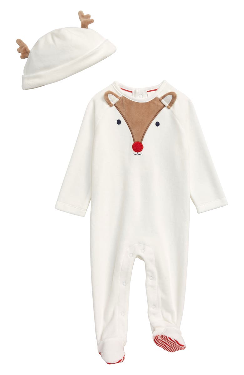Mini Boden Deer Velour Footie & Hat Set, Main, color, 