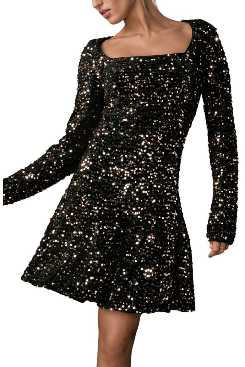 Sequin Square Neck Long Sleeve Minidress, Main, color, BLACK