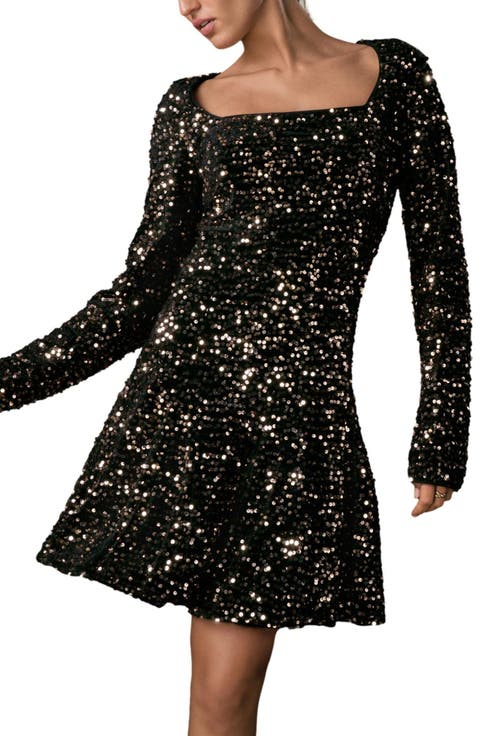 Sequin Square Neck Long Sleeve Minidress
