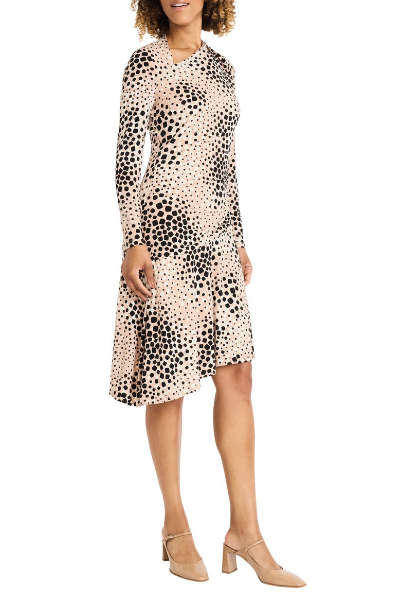 Long Sleeve Asymmetric Midi Dress, Alternate, color, TAN/ BLACK