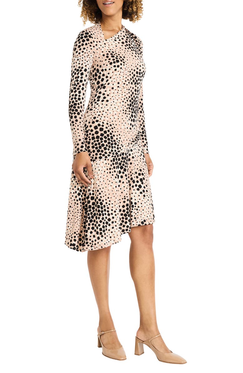 Maggy London Long Sleeve Asymmetric Midi Dress, Alternate, color, Tan/ Black