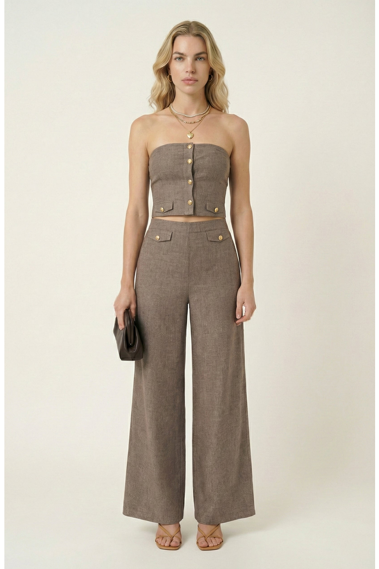 Strapless Button-Front Crop Top and Wide-Leg Pants Two-Piece Set, Main, color, Grey