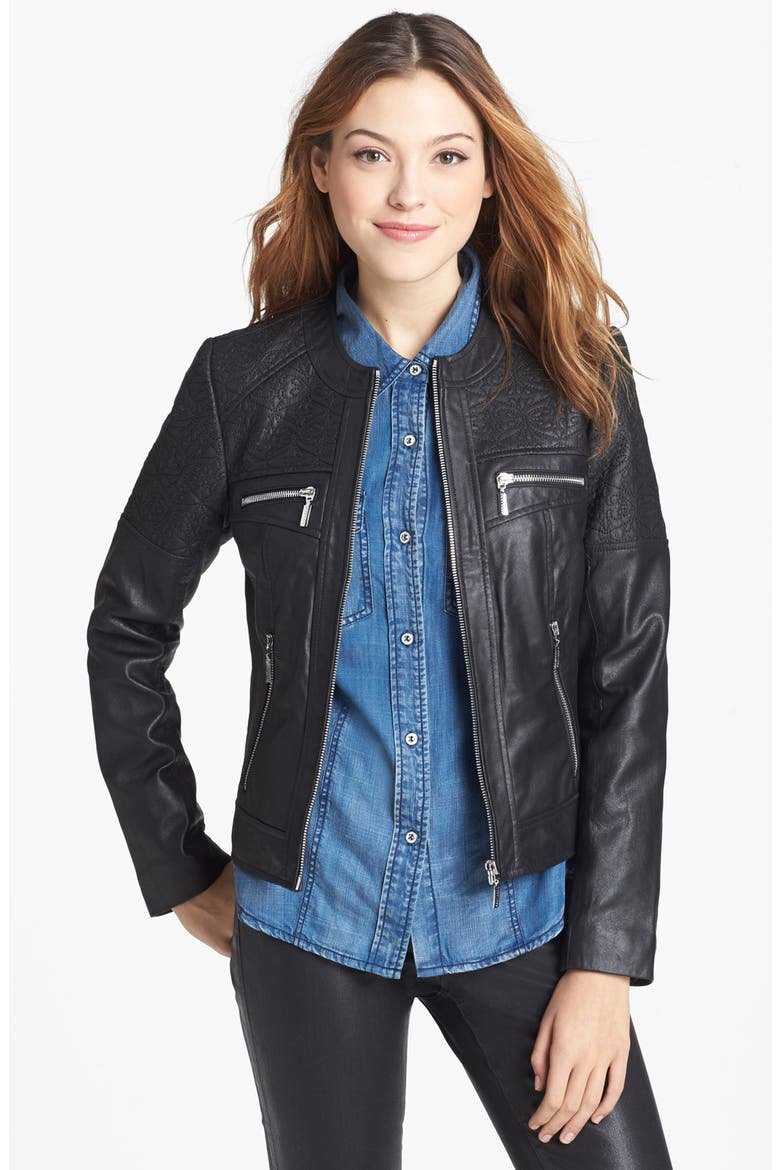 Embroidered Leather Scuba Jacket, Main, color, BLACK