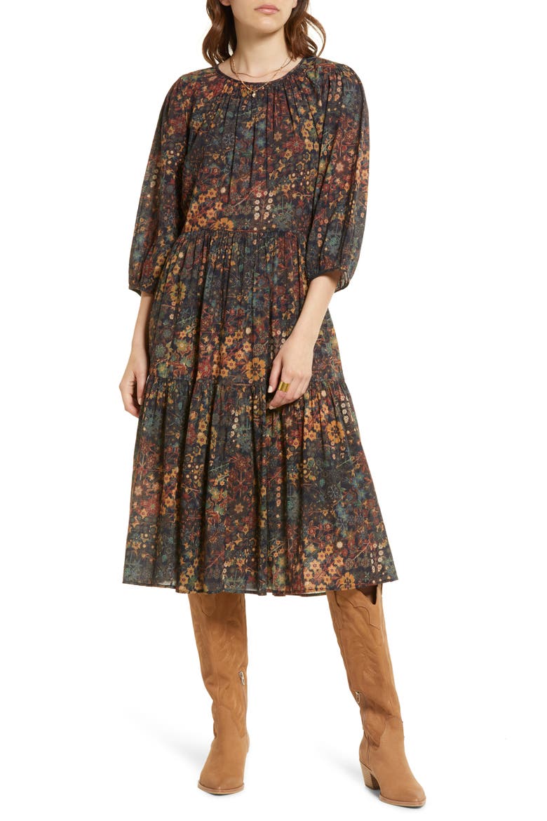 Floral Print Tiered Cotton Gauze Dress, Main, color, NAVY KALEIDOSCOPE GARDEN
