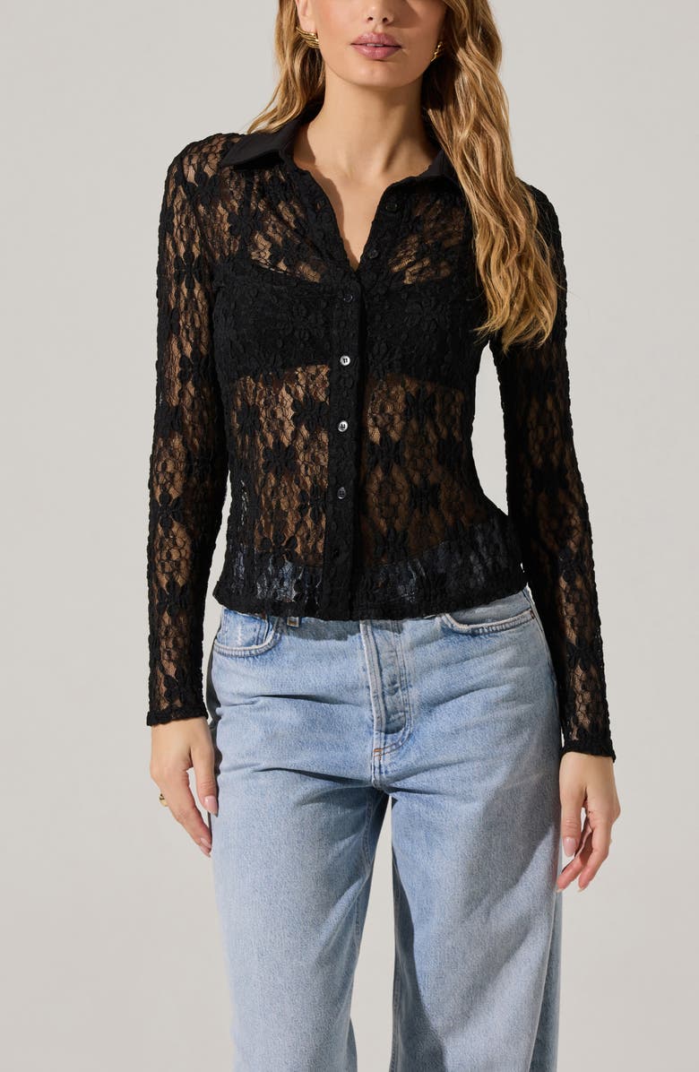 ASTR the Label Sheer Lace Long Sleeve Button-Up Top, Alternate, color, 
