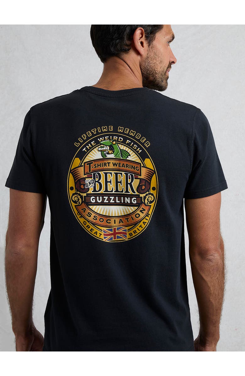 Weird Fish Beer Guzzling Back Print Artist T-Shirt, Alternate, color, Black