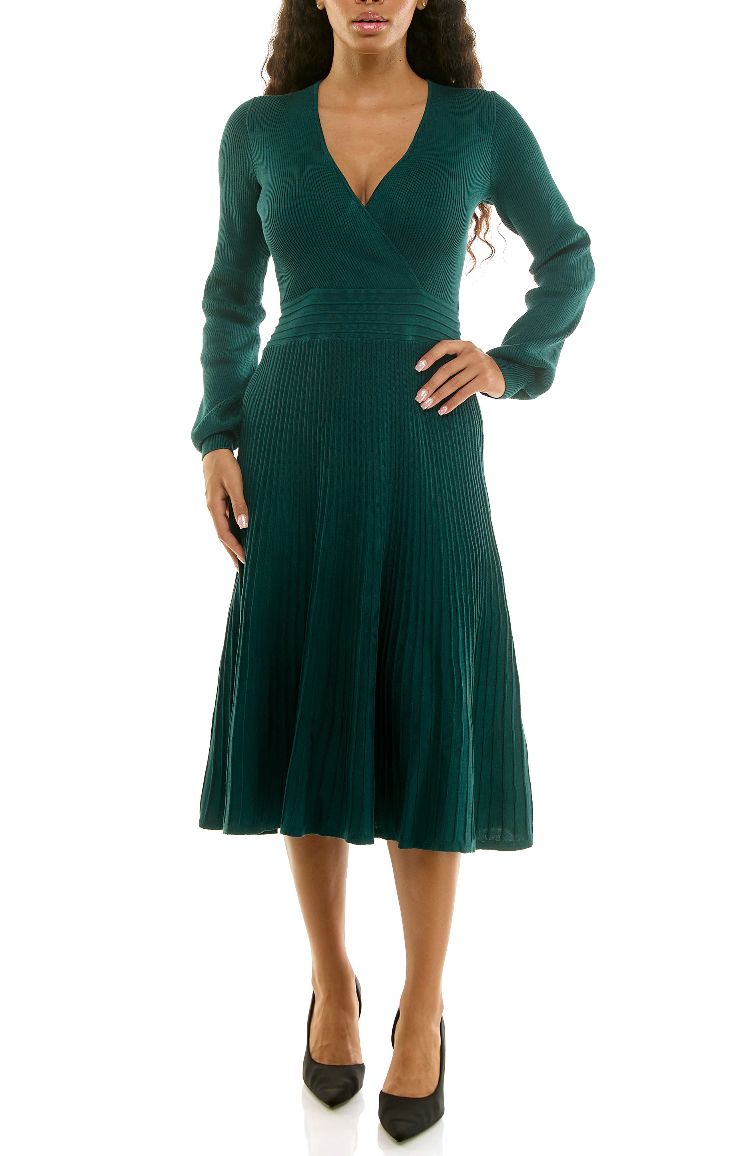 Nina Leonard Long Sleeve Ribbed Fit & Flare Sweater Dress
