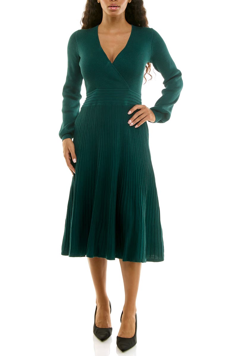 Nina Leonard Long Sleeve Ribbed Fit & Flare Sweater Dress, Main, color, Emerald